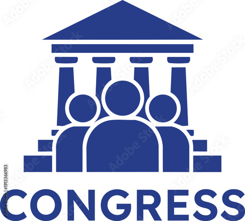 Blue congressional building icon with people and columns on transparent background