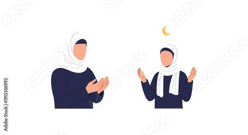 Muslim Women Praying with Serene Expressions under Crescent Moon