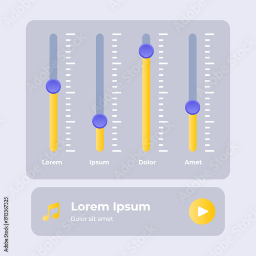 Modern audio equalizer and music player interface with four vertical faders and a play button, featuring a clean, flat design.