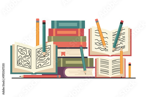 Minimalist illustration of a pencil and geometric shapes on white