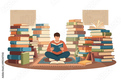 A minimalist illustration of stacked books with a brown base