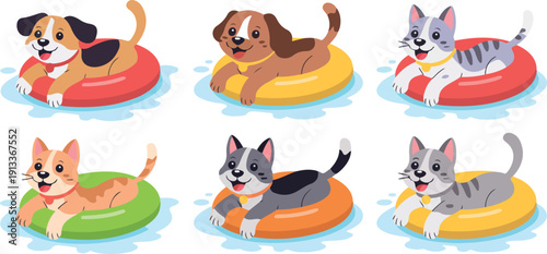 Cute Pets Swimming Vector Set  Dogs and Cats in Inflatable Rings
