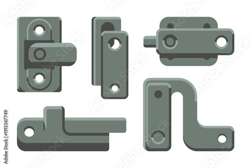 A collection of various metal door latches on a white background