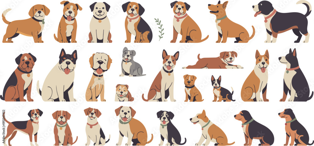 Fototapeta premium Flat Cartoon Dog Breeds Vector Collection Different Sizes and Colors
