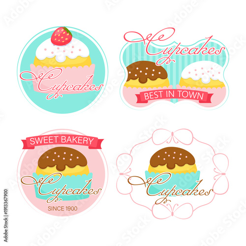 Vector set of appetizing cupcake labels for packaging print. Premium design for bakery, coffee shop, and confectionery