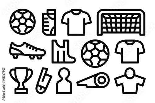 A collection of black and white soccer icons on a white background