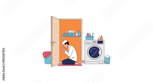 Woman Sitting on Floor Near Washing Machine in Laundry Room with Frustrated Expression
