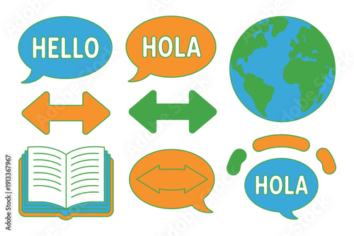 A colorful illustration of global communication and language learning symbols