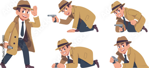 Detective Spy Cartoon Character Vector Set Trench Coat and Secret Agent Poses
