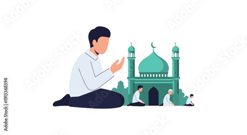 Man Praying Near Mosque with Crescent Moon, Serene Islamic Scene