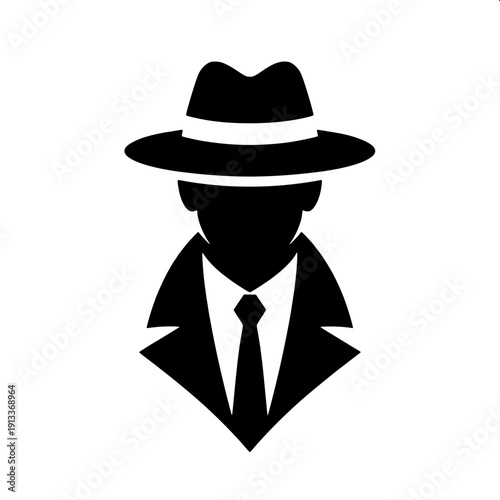 Minimal black spy detective silhouette wearing fedora hat, side profile pose, hand touching hat, flat vector icon, white background, high contrast.