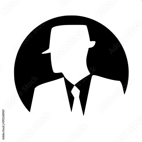 Minimal black spy detective silhouette wearing fedora hat, side profile pose, hand touching hat, flat vector icon, white background, high contrast.
