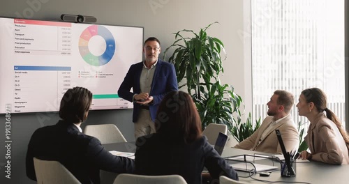 Business coach or team leader presents performance data displaying on screen during formal group corporate meeting, focused on financial planning, cost analysis, marketing budget review. Presentation