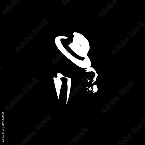 Minimal black spy detective silhouette wearing fedora hat, side profile pose, hand touching hat, flat vector icon, white background, high contrast.