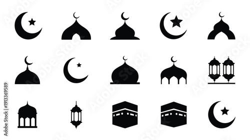 Islamic ramadan logo pack with mosque crescent moon star and lantern symbols in black silhouette on white background for festive and religious designs