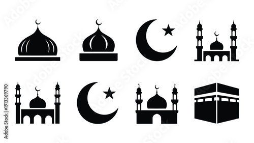 Islamic architecture and symbol icons mosques domes minarets crescent moons and kaaba symbols in black on white background