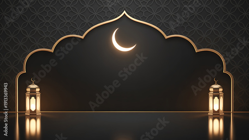 Luxury matte black textured background with golden arch and crescent moon flanked by lanterns