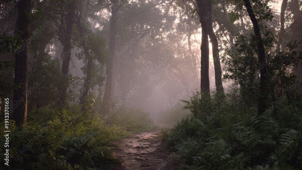 Fototapeta premium Mystical Path Through Foggy Forest