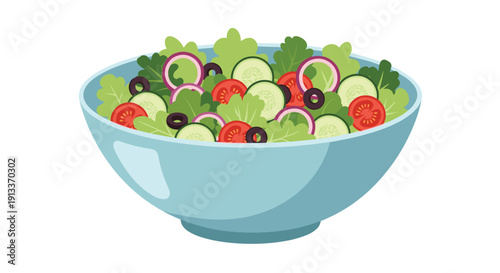 A vibrant mixed salad with crisp lettuce, sliced cucumbers, ripe tomatoes, red onions, and black olives in a light blue bowl, isolated on white.