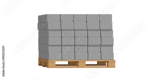 A large stack of rectangular gray concrete blocks neatly arranged in rows on a brown wooden pallet, isolated on a white background.