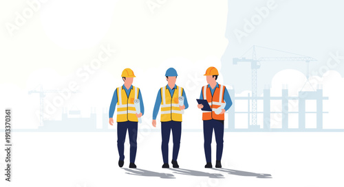 Three construction workers in yellow vests and hard hats, two holding clipboards, walking on a construction site with buildings.