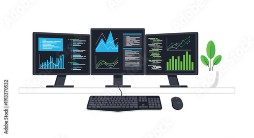 Three computer monitors displaying data, charts, and code, with a keyboard, mouse, and plant on a desk.