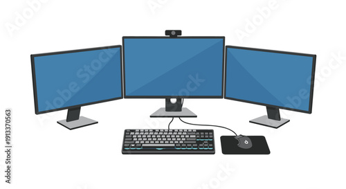 Three computer monitors with blank blue screens, featuring a webcam, with a keyboard, mouse, and mousepad.