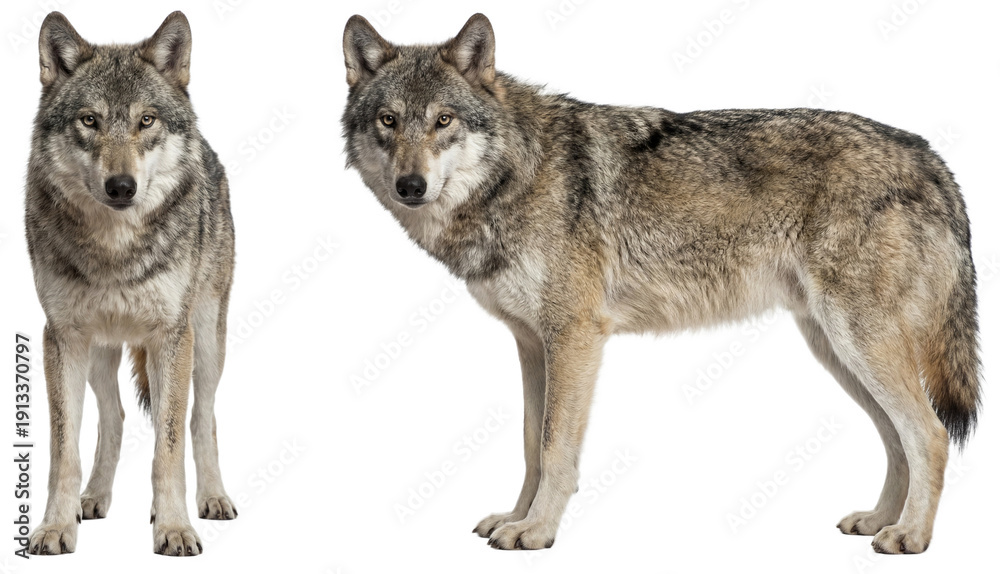 Obraz premium Gray wolf front and side view isolated on white background
