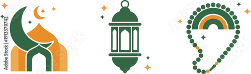 Graphic illustration of Islamic Ramadan symbols including a mosque, lantern, and decorative elements with green, orange, and yellow colors.