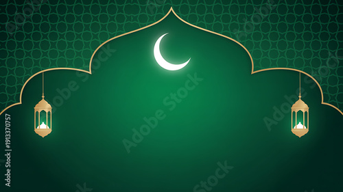 Deep emerald green gradient background with crescent moon and hanging lanterns Islamic decorative arches