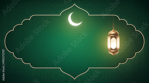 Deep emerald green gradient background with crescent moon and hanging lantern Islamic