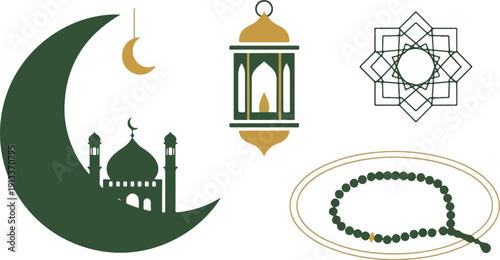Islamic Ramadan symbols including mosque, lantern, rosary, and star on white background with green and gold colors.