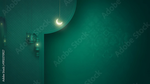 Dark green gradient background with hanging crescent moon light fixture and wall mounted lanterns hanging light