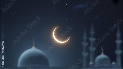 Dark navy blue gradient background with a crescent moon and mosque silhouettes under a starry sky