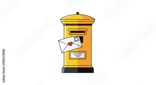 A traditional yellow British post box stands upright with a white envelope, adorned with a red heart, partially inserted into its slot.