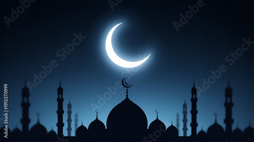 Dark navy blue gradient background with crescent moon and mosque silhouette at night