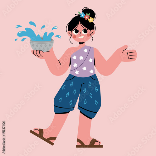 Happy young woman enjoying songkran festival, throwing water and smiling, traditional thai celebration vector art