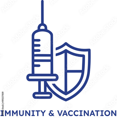 Blue icon of syringe and shield on transparent background for immunity and vaccination