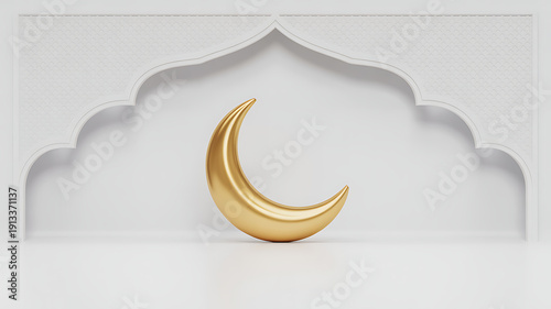 Golden crescent moon on embossed white background with arch