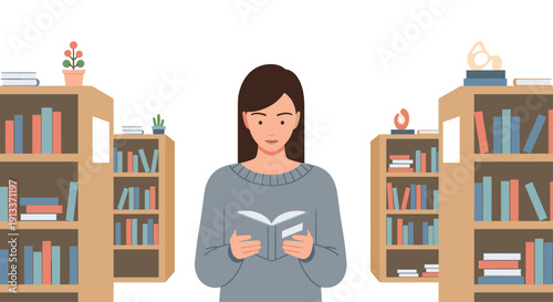 A young woman with dark hair stands comfortably in a well-stocked library, deeply engrossed in reading a book she holds open.