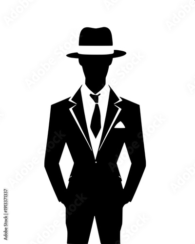 Noir style detective silhouette icon, man wearing fedora and coat, head slightly down, simple black vector graphic.