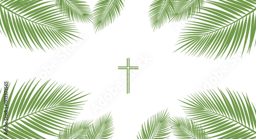 Palm Sunday or Holy Week background with green palm leaves and cross symbol.