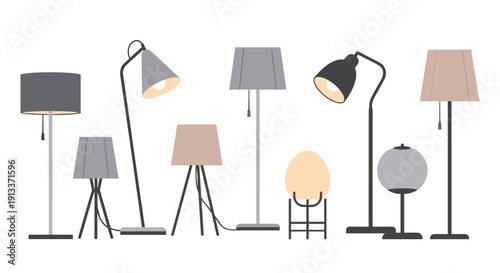 A diverse collection of modern floor and table lamps featuring various designs, shades, and base styles illuminating a white background.