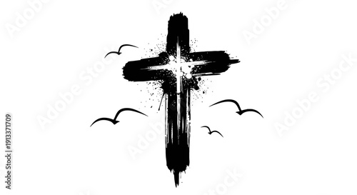Black Christian cross with birds flying around it.