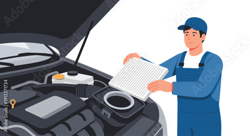 A male mechanic in blue overalls holds a new white cabin air filter, replacing it in a car engine compartment with the hood open.