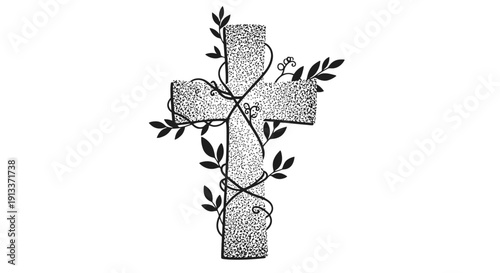 Hand drawn black and white cross with leaves and flowers.