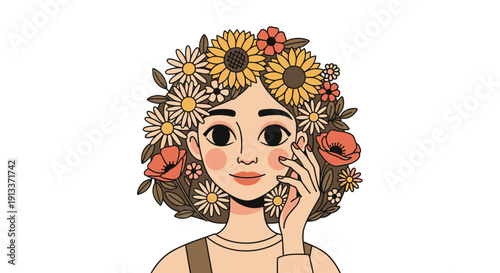 Illustration of a young woman with floral crown and thoughtful expression.