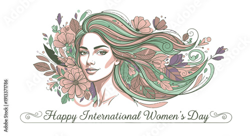 International Women's Day illustration with floral elements and flowing hair.