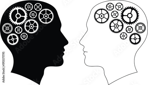 Black and white human head silhouettes with mechanical gears inside