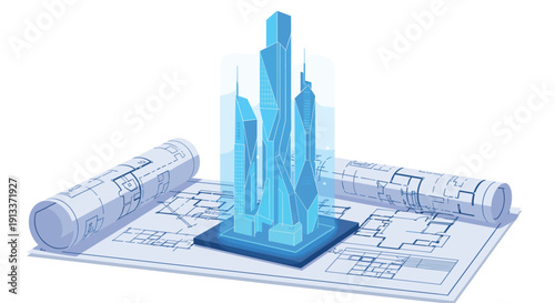 Futuristic blue holographic city skyscrapers digitally rise from an open blueprint on a white table with two rolled plans beside it.